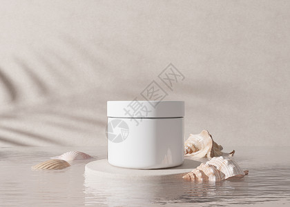 罐子包装样机白色和空白的无品牌化妆品奶油罐 带有树叶阴影 水和海贝壳 护肤品介绍 优雅的样机 护肤 美容和水疗 带复制空间的罐子 3D 渲染背景