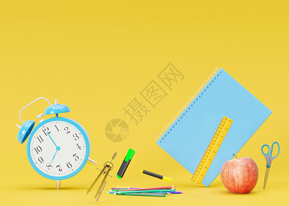 荧光色苹果标志黄色背景的学校文具用品 带有文本的可用空间 与学校用品的创造性 五颜六色的背景 带复制空间的布局 尺子 铅笔 剪刀 苹果 3D背景