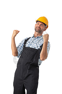 白背景的承包商工人工作服领班建设者职业安全帽服务快乐机械拳头中年人图片