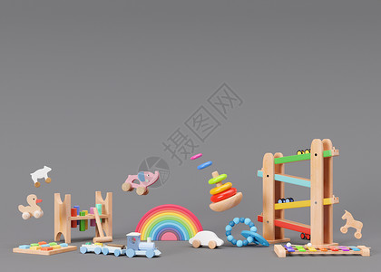 灰色背景的儿童玩具 带复制空间 幼儿或婴儿的多彩多姿的木制玩具 环保玩具 不含塑料 为您的文本 广告留出空间 木琴 金字塔 3d背景图片