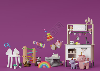 毛绒兔年元素带复制空间的紫色背景儿童玩具 幼儿或婴儿的彩色木制和毛绒玩具 用木盘子玩厨房 您的文本 广告 3d 渲染的空白空间背景