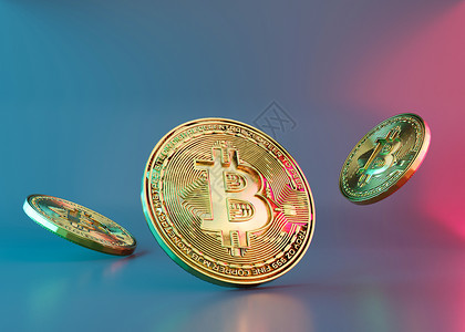 拿钱带带霓虹灯的加密货币金色比特币硬币 加密货币的符号用于网上银行和国际网络支付的电子虚拟货币 商业 金融 技术 3D渲染投资银行交换背景