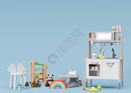 儿童玩具元素蓝色背景的儿童玩具 带复制空间 幼儿或婴儿的彩色木制和毛绒玩具 用木盘子玩厨房 您的文本 广告 3d 渲染的空白空间背景