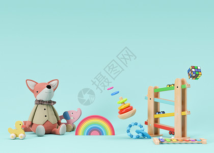 蓝色背景的儿童玩具 带复制空间 幼儿或婴儿的彩色木制和毛绒玩具 您的文本 广告 玩具店的空白空间 3d 渲染背景图片