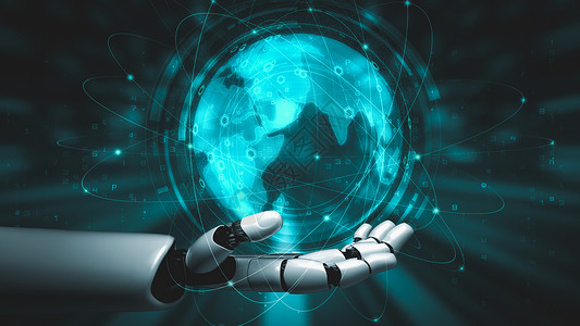未来的机器人人造智能 启发AI技术概念的人类人工智能公司自动化云计算电脑世界社交网络科技机械网络数据背景图片