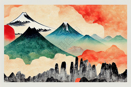 抽象景观与日本波浪日本模板 附有摘要艺术背景 水彩色纹理背景