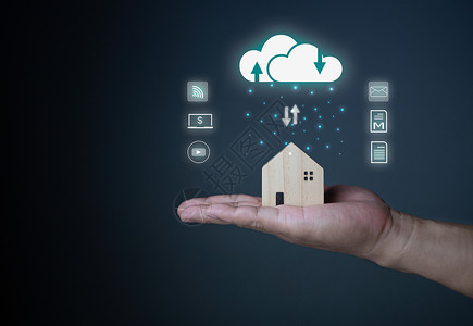 模型图标人类手持家用模型和云图 云计算概念 将通信设备信息与技术连接在家中 (单位 千美元)背景