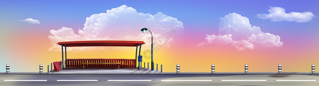 公共云在路旁插图上的公交车站背景