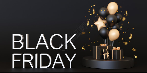 黑色星期五元素带有黑色星期五文字 气球和礼物的横幅 黑色背景上的白色字母 特别优惠 好价格 交易 购物时间 黑色星期五销售 折扣 3d 渲染背景