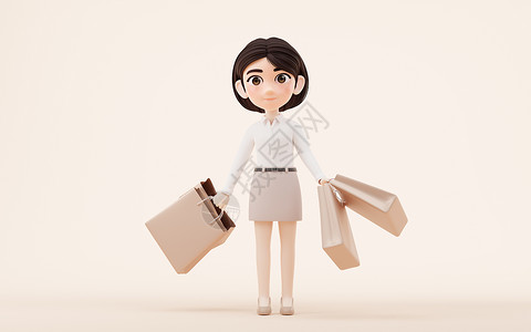 女式套装拿着购物袋的卡通女孩 3D感冒衬衫成人女性商业女士经理店铺插图短发职业装背景