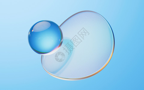 蓝色透明球蘑菇软球和抽象几何背景 3D投影卡通片曲线透明度玻璃水晶渲染娱乐柔软度折射软垫背景