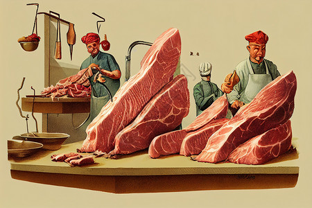围裙卡通屠夫和切肉者 卡通插图职业成人猪肉男性牛肉食物围裙零售屠宰场市场背景