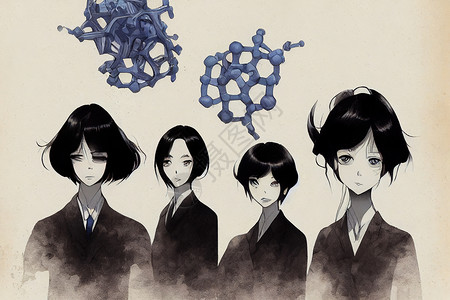 四个动画素材生物化学家 动画风格插图技术科学家显微镜女性学生男人女士团队化学医疗背景