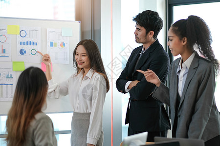 女性运营经理为经济学家团队举行会议介绍 亚洲女性使用带有增长分析 图表 统计数据和数据的数字白板 人们在商务办公室工作创新房间管背景