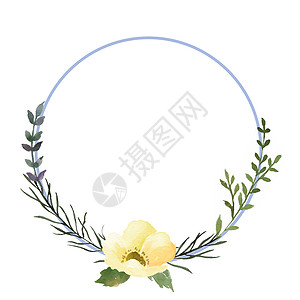 水彩花框圈 带有圆形花朵和叶子的卡片 婚礼装饰概念 装饰贺卡布局或邀请设计背景背景