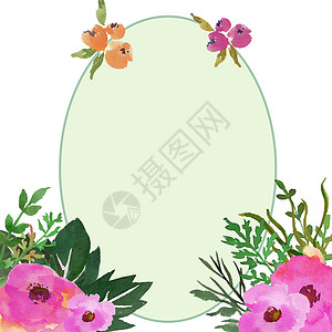 水彩花框 绿色和粉红色颜色图解中的可爱花圈 水彩色风格背景图片