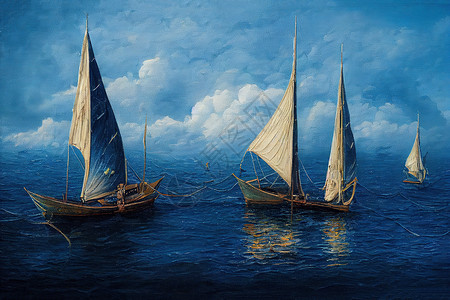 钓鱼油画素材在油画上绘油图 描绘两艘帆船背景