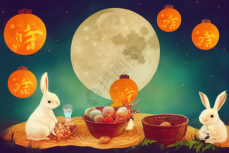 兔子赏月秋秋节中午的旗帜 月野兔在户外野餐背景