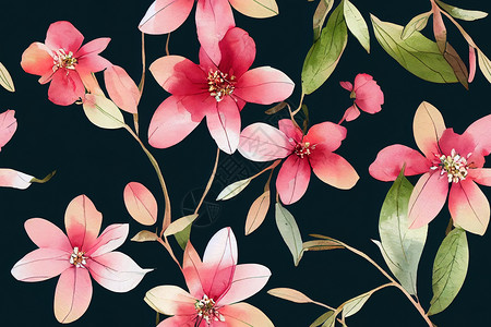 粉色黑色无缝水彩花纹粉红褐色鲜花元素花束蝴蝶纺织品绿色植物叶子插图框架手绘树叶花园背景