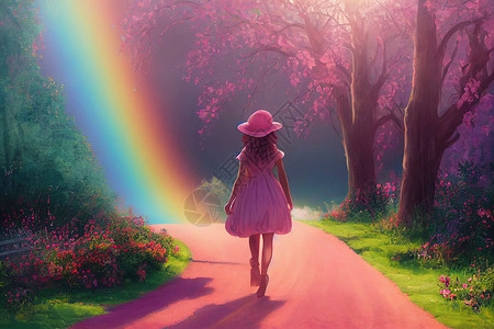 女士彩虹太阳帽穿着浪漫的粉红色裙子 旧帽子的年轻女士背景