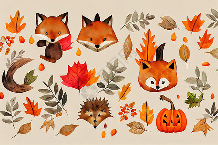 秋天问候语林地动物和落花类成分 狐狸 刺绣猪 松鼠背景