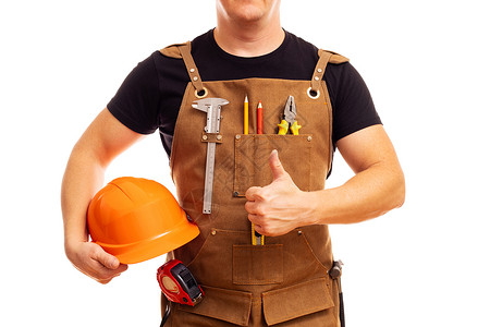 拿着锤子工人带有工具和头盔的停机坪承包商工人或木工 手持大拇指维修男人员工工作工匠木匠商业建设者锤子服务背景