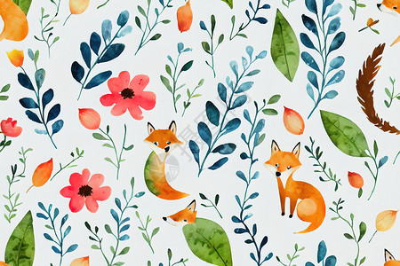 水彩狐狸植物背景的可爱水彩动物 细微无缝图案背景