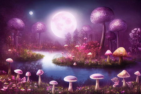 有月亮的晚上幻想的神奇童话故事风景 有魔法森林湖背景