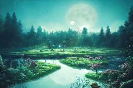 月光与孔明灯幻想的神奇魔法仙女童话故事风景与森林湖艺术星星故事花园场景射线世界月光森林树木背景