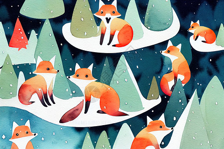 手绘狐狸线稿冬季森林中的可爱狐狸 儿童水彩色插图背景