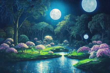 月光与孔明灯幻想的神奇魔法仙女童话故事风景与森林湖蓝色森林艺术世界星星林地场景童话天空月光背景