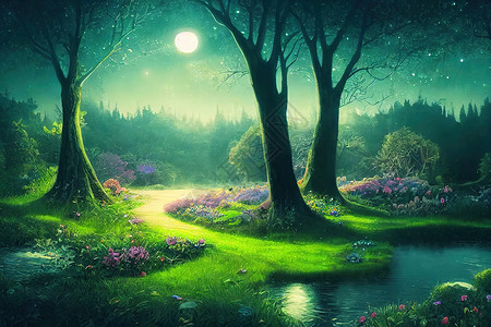 月亮与树幻想的神奇魔法仙女童话故事风景与森林湖童话辉光蝴蝶森林天空空地射线场景世界月光背景