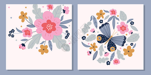 蝴蝶牌光粉色背景上有鲜花和蝴蝶的牌卡模板背景