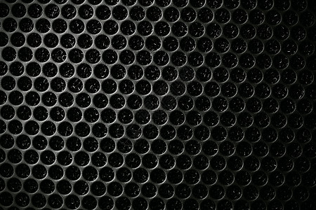 音乐扬声器上的安全网 保护网格音频扬声器 黑色安全网的近景 金属穿孔网 抽象图案 抽象黑色背景 专业音响设备材料系统技术灰色扩音背景图片