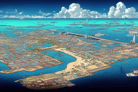 博内尔岛绘制克拉伦迪克首府城市和博内尔港的漫画背景