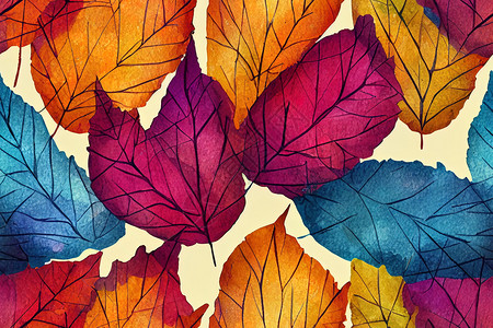 枫叶水彩素材本摘要以明亮的秋季颜色无缝坠落 水彩色白色水彩斑点墨水植物插图枫叶涂鸦曲线桦木背景