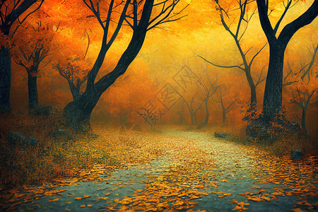 阿甘树林路的秋叶掉进森林人行道金子横梁叶子公园途径环境风景林地季节背景