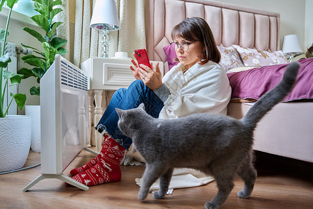 家里养宠物猫的女人 在电热器附近暖身季节毛衣家电房间互联网电话宠物加热女性散热器图片