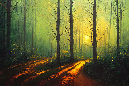 日出美丽的森林景观 太阳光束 神奇的幻想神秘黑暗背景图片