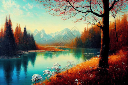 原始的贝奥提弗尔春天风景 森林 雪山的油画高清图片