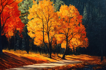 场景油画素材俄勒冈州奥勒冈村的秋天森林 油画背景