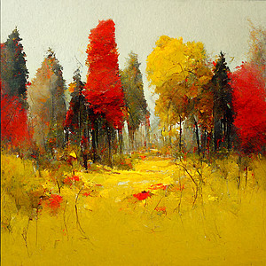 红色万圣节树秋天的森林景观 秋天季节五颜六色的水彩绘画 红色和黄色的树 美丽的树叶 松树背景