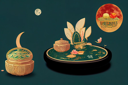 可爱版玉兔3D 玉兔吃月饼和松木的注解渲染庆典卡片月亮场景3d插图兔子叶子节日背景