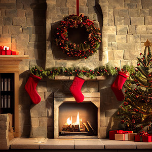 壁炉元素圣诞节装饰的石壁炉家庭石头男人灯笼花环插图艺术乐趣壁炉烛台背景