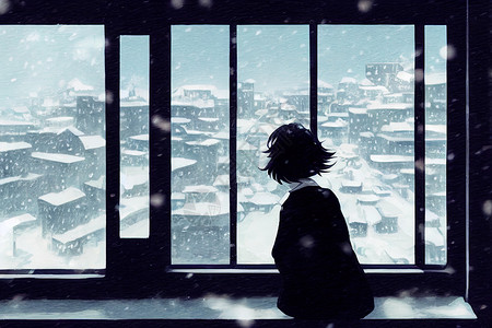 窗外雪一个女人从窗外望出来 在高品质的2D插图背景
