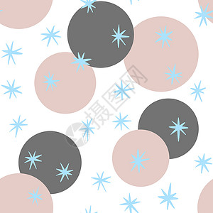雪花点手画无缝图案 白色背景的蓝雪花有灰色蜜蜂圆环 回溯世纪中叶现代设计 抽象几何结构印刷品 创造性冬季艺术等背景