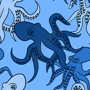 手绘卡通章鱼手绘无缝图案与蓝色章鱼海洋物种动物 海洋水下航海海军水生织物印花 海鲜图形卡通背景背景