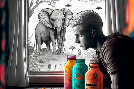 大象艺术插图现代世界的野生动物 有油漆的家伙 窗口中的大象 城市中的非洲 在灰色背景上泼洒的油漆背景