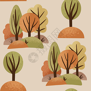 免扣草丛png手绘秋天秋天森林木树的无缝模式 橙黄色林地景观草丛树枝 野营户外公园活动背景 生态环境背景