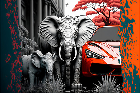 国庆狂欢季海报现代世界野生生物 非洲在城市里 灰色背景的粉刷画作荒野海报家庭动物面具狂欢剧院乐趣艺术家派对背景